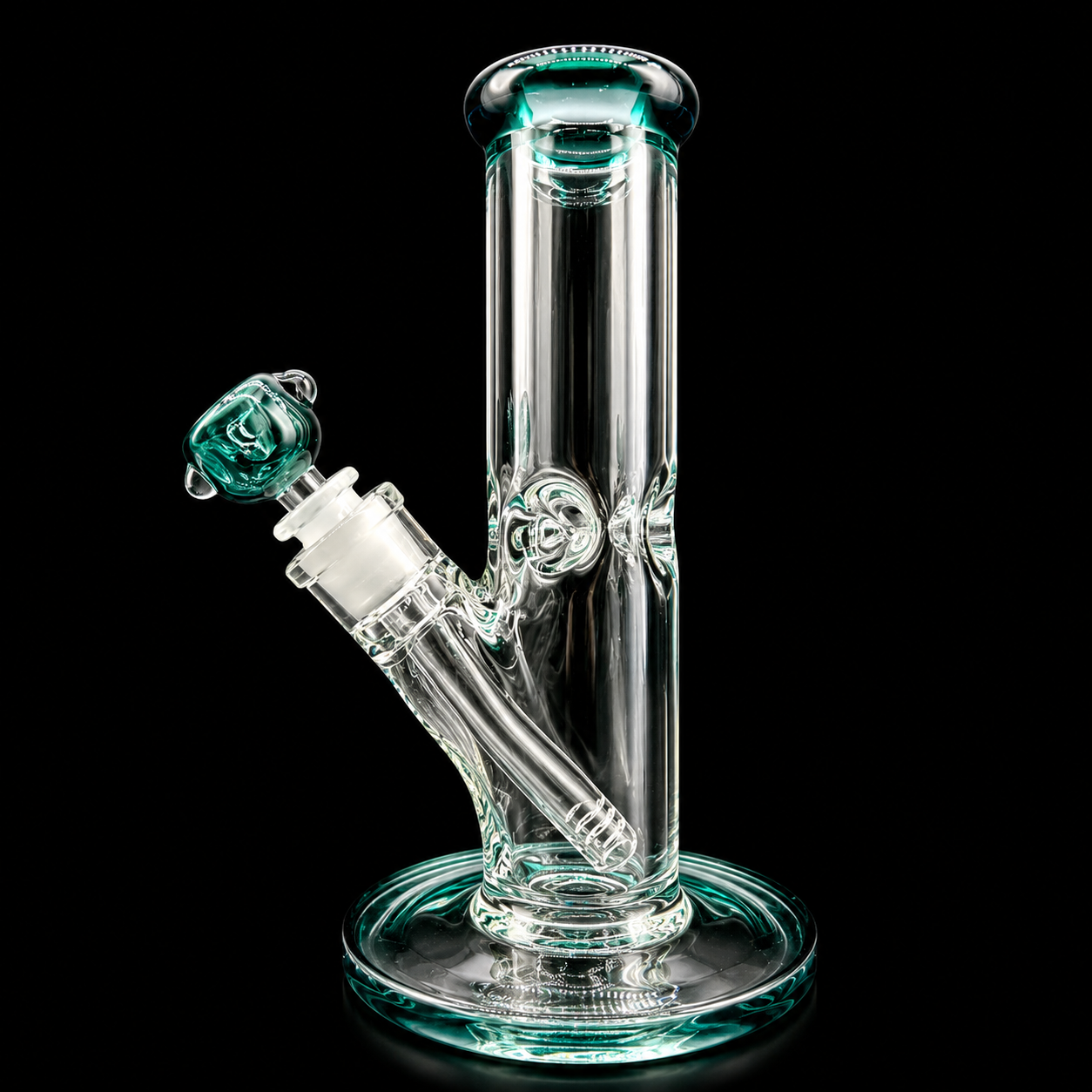 Clear glass water pipe with green accents on a black background