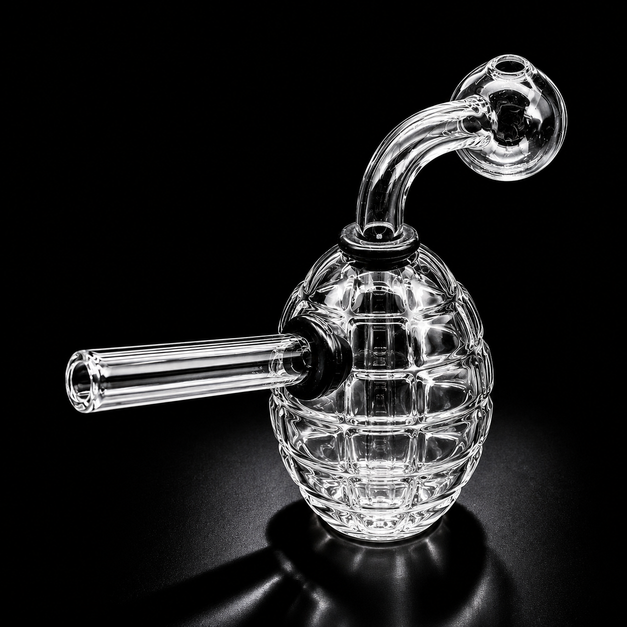 Clear glass smoking device with a unique design on a black background
