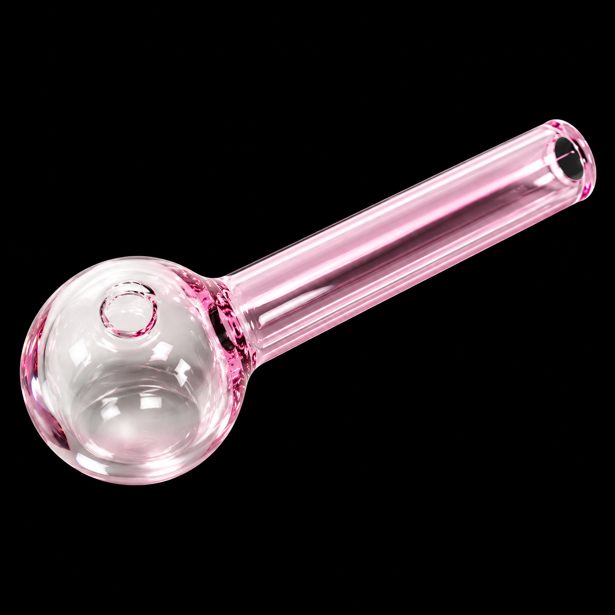 Glass smoking pipe with pink exterior and clear interior on a black background