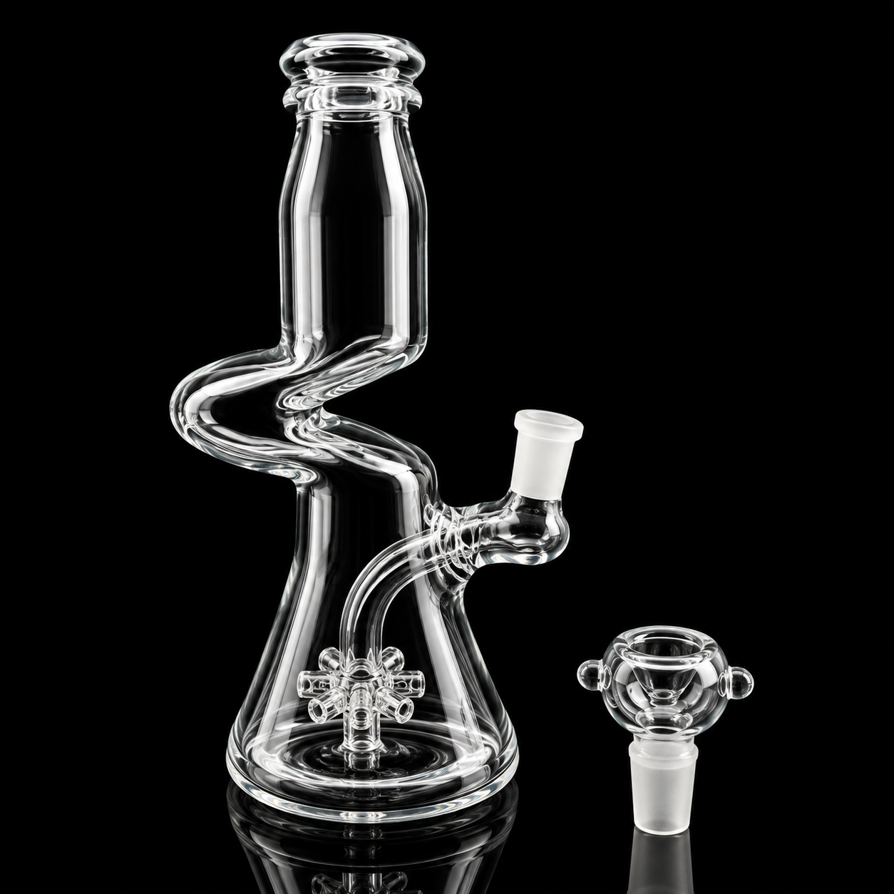 Clear glass water pipe with spiral design on a black background