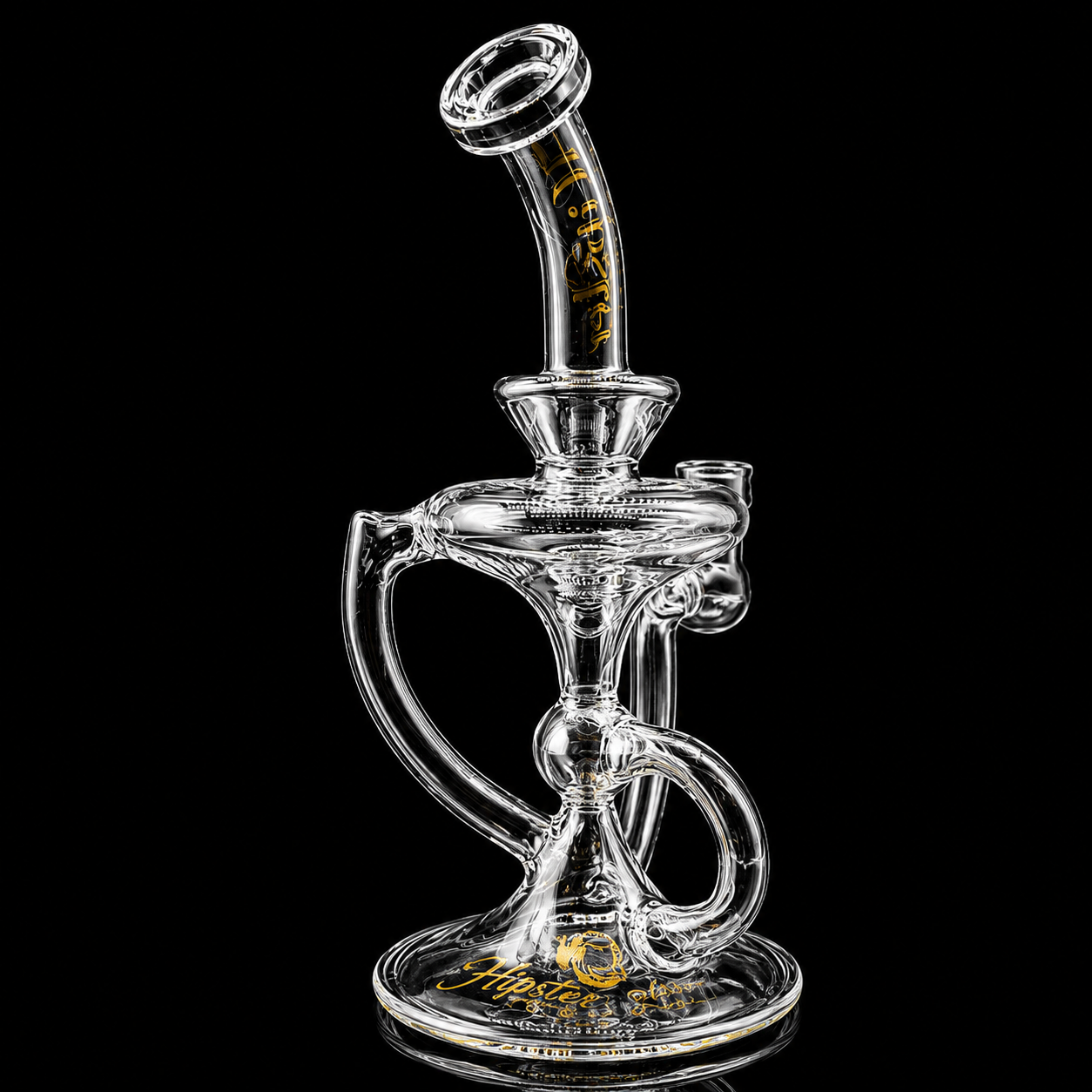 Clear glass water pipe with black base on a white background