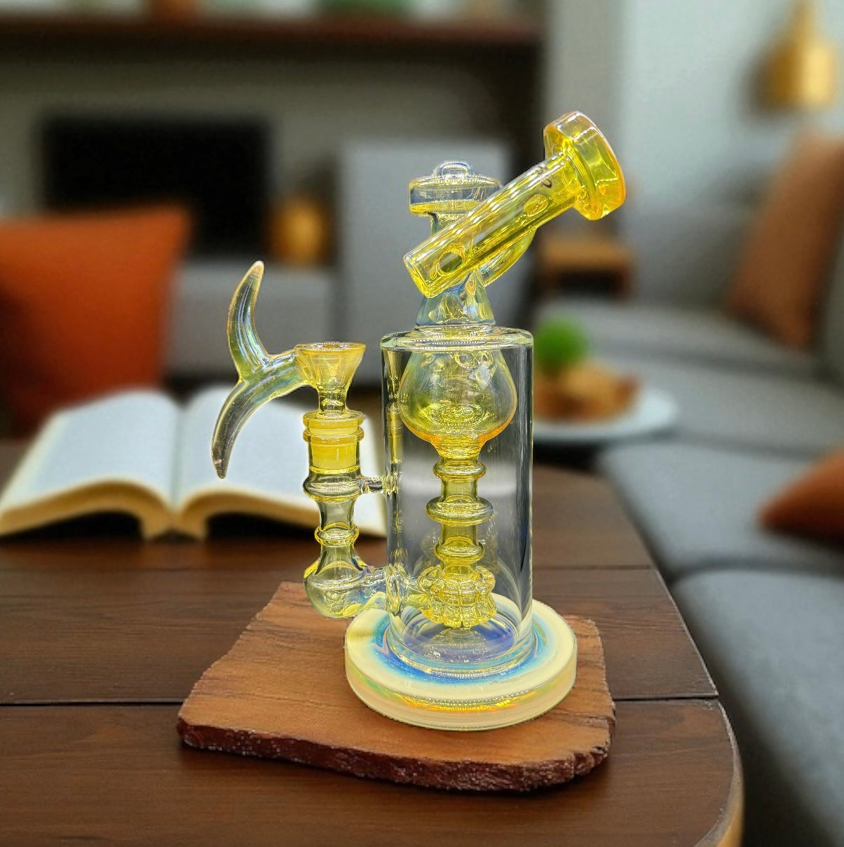 Glass smoking device on a wooden coaster with a blurred living room background