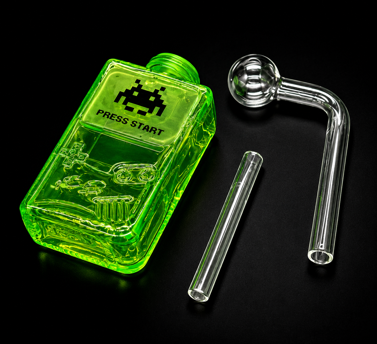 Green glass container with 'Press Start' text and a glass pipe on a black background