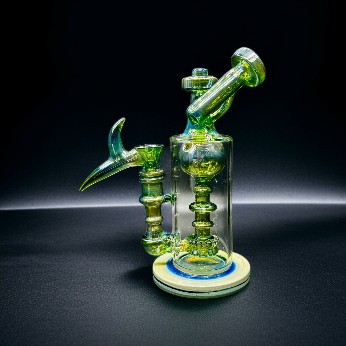 Hand-blown green fumed glass recycler water pipe with 14mm art bowl, 9 inches tall