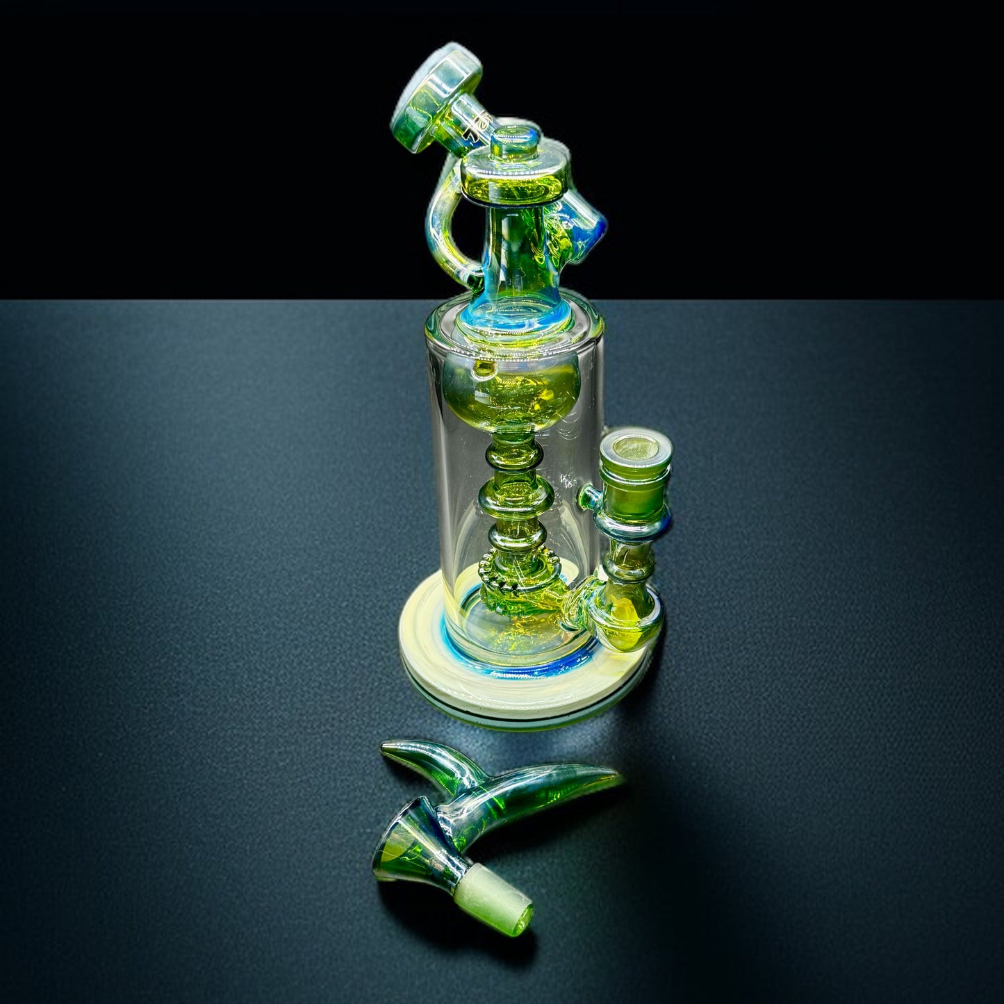 Premium green fumed glass recycler bong with colorful hand-blown details