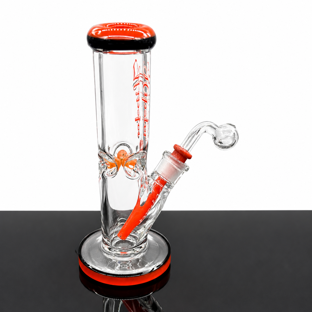 Glass water pipe with red and black accents on a white background