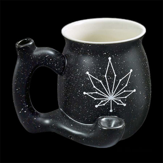 Matt Black Ceramic Mug with White Leaf