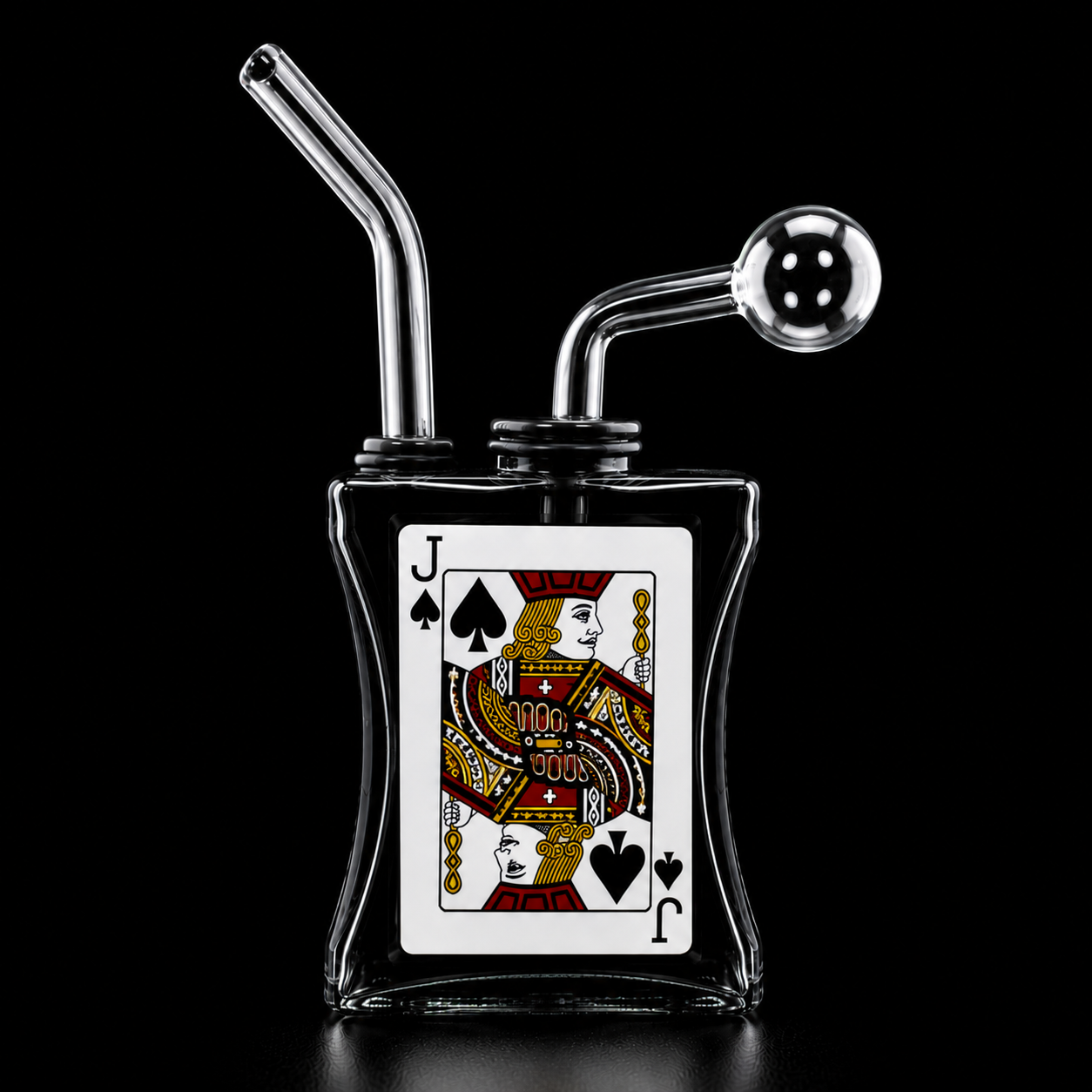 Glass smoking device with a King of Spades card design on a black background