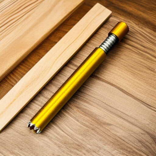 A metallic gold and silver wood drill bit with a threaded handle, resting diagonally on a wooden surface next to two light wood strips.