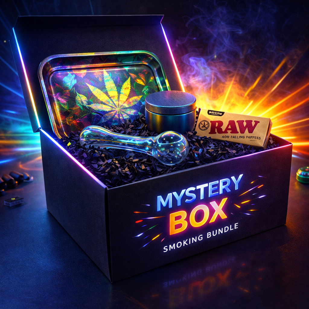 Smoking Mystery Box – Rolling Tray, Grinder, Glass Pipe & Rolling Papers Set
