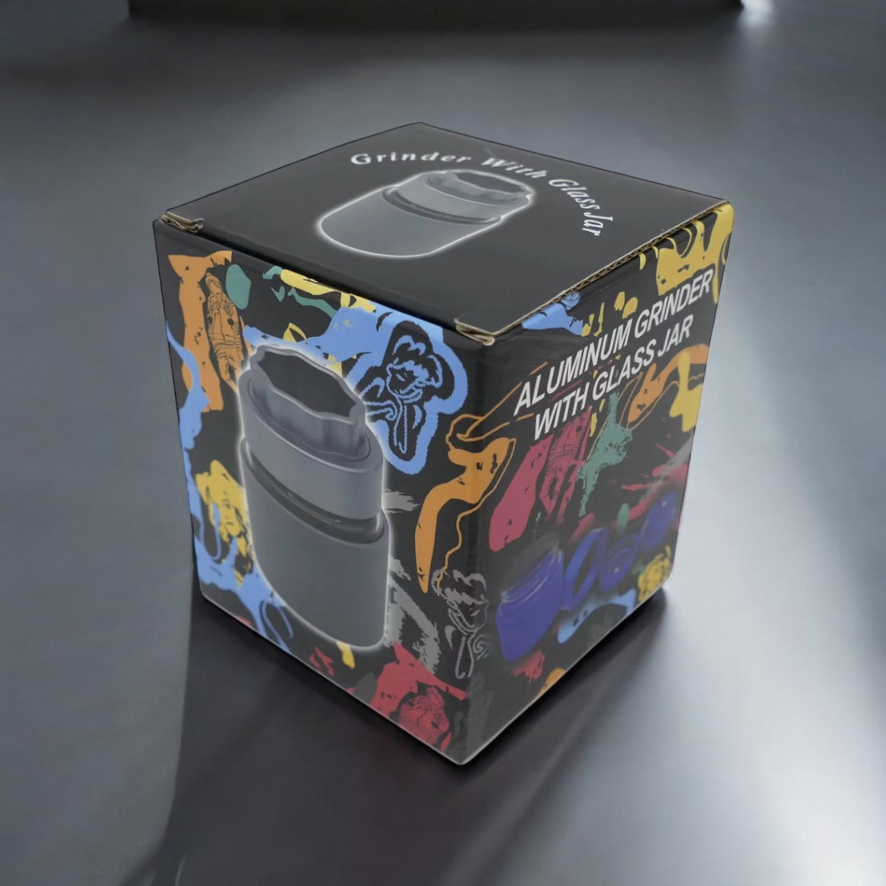 box showing of this 2 in 1 glass jar and grinder