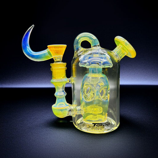 6 inch UV reactive glass recycler bong with yellow-blue rhino horn bowl – front angle view