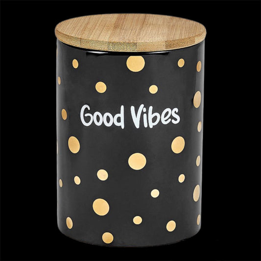 DELUXE CANISTER - STASH JAR - BLACK CANISTER - GOLD POLKA DOTS - GOOD VIBES
