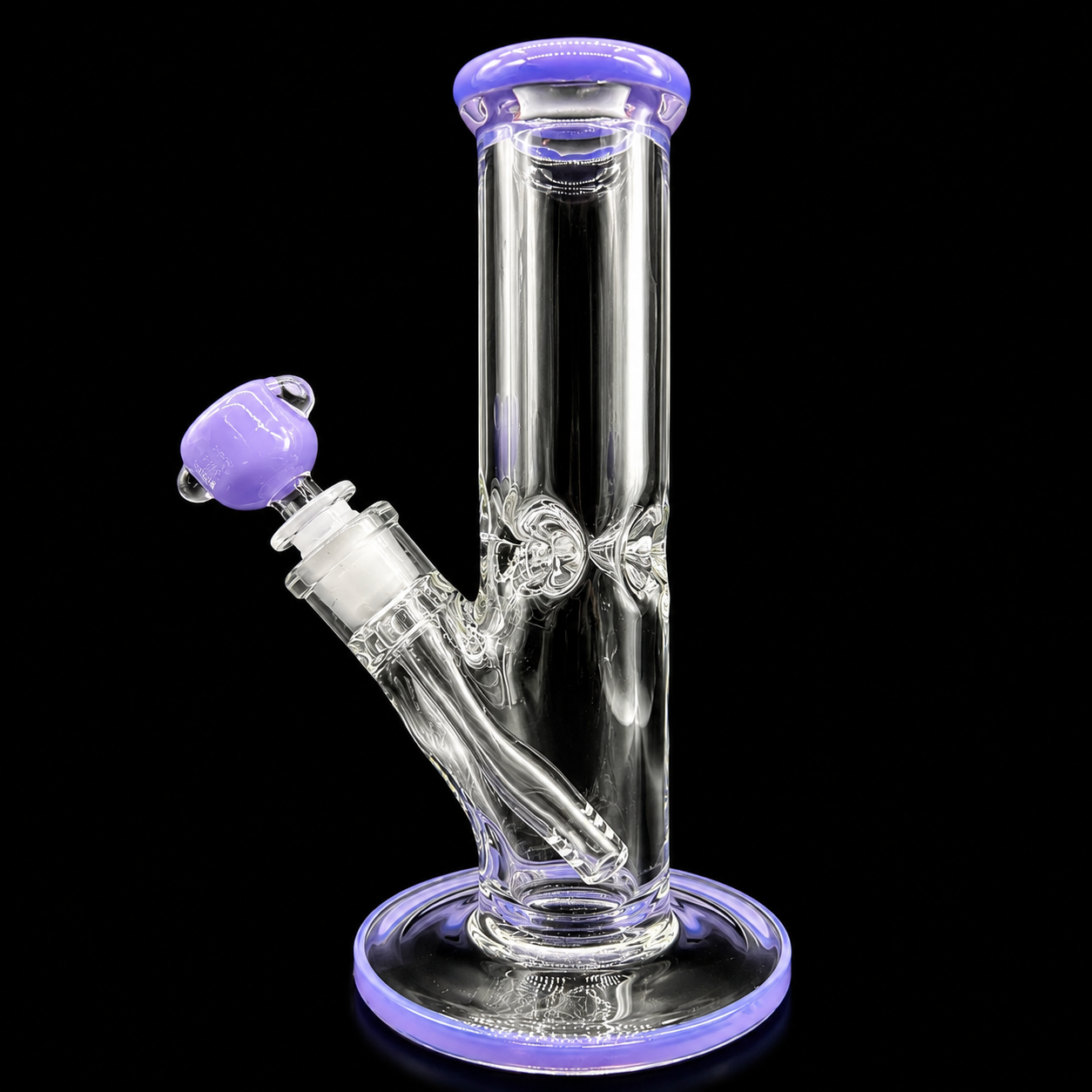 Clear glass water pipe with purple accents on a black background