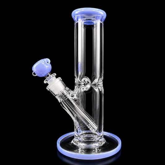 Clear glass water pipe with blue accents on a black background