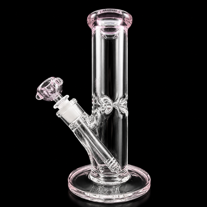 Clear glass water pipe with pink accents on a black background