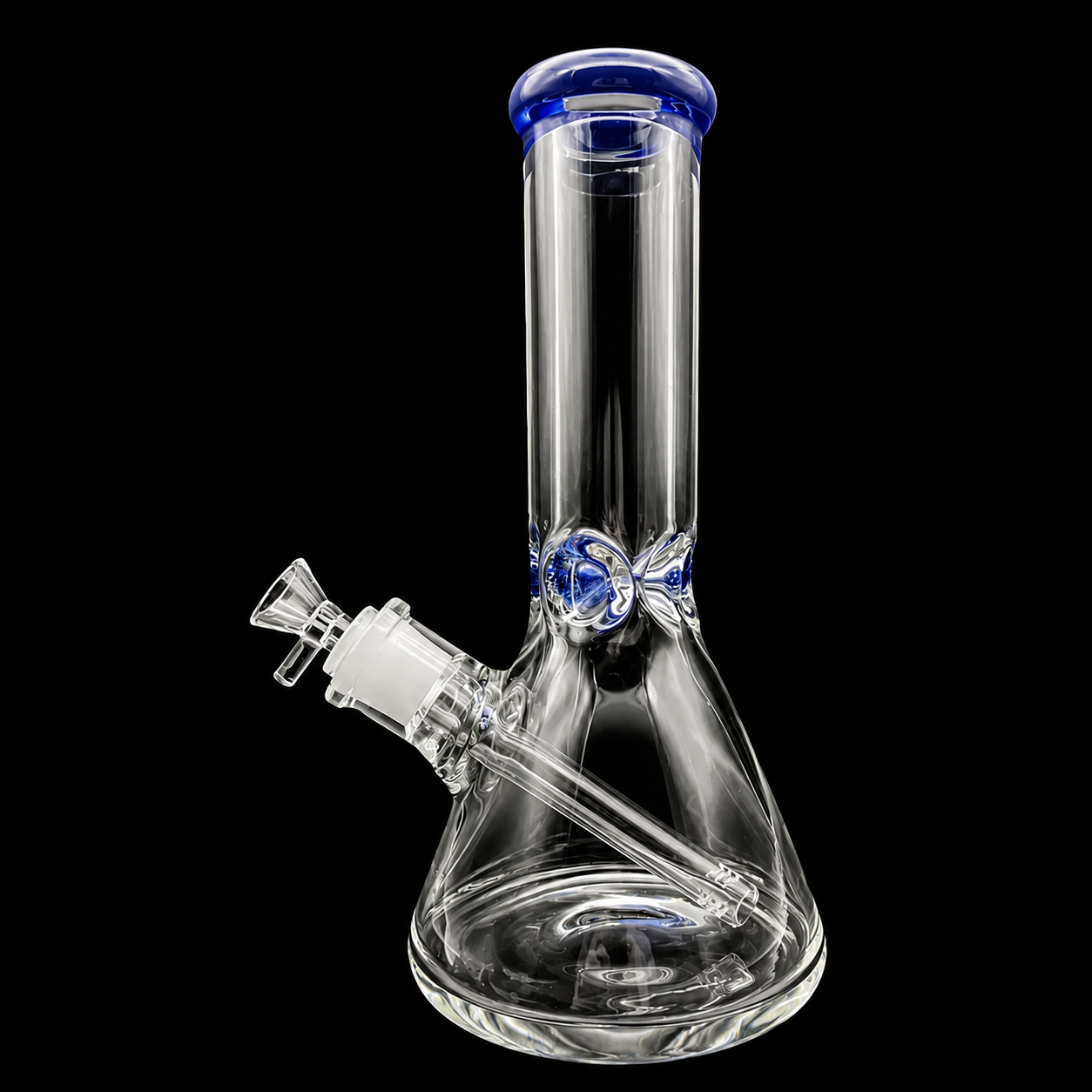 Clear glass bong with blue accents on a black background