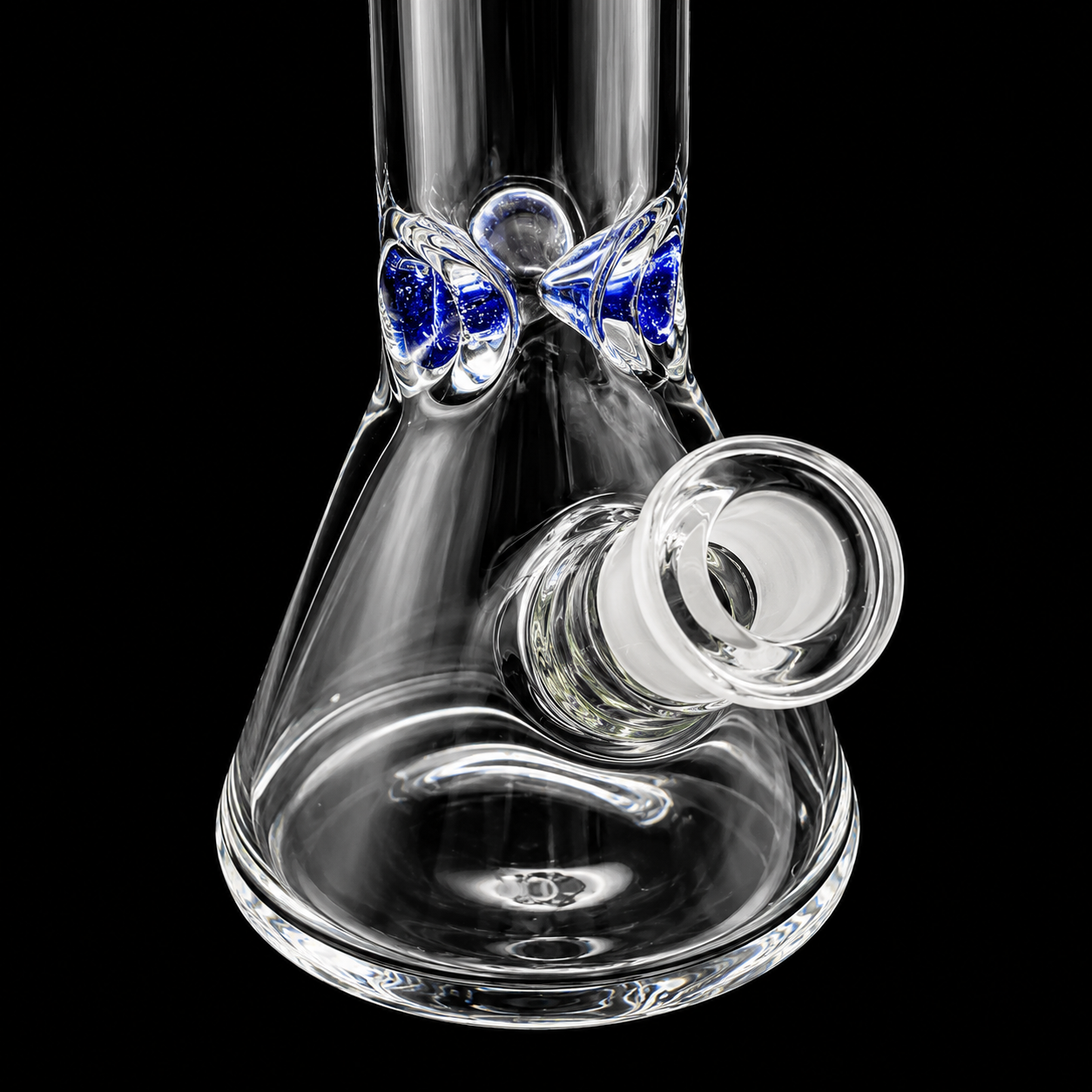 Clear glass water pipe with blue butterfly decorations on a black background