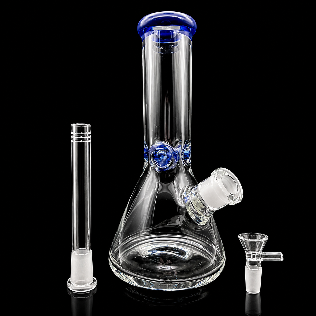 Clear glass bong with blue accents on a black background