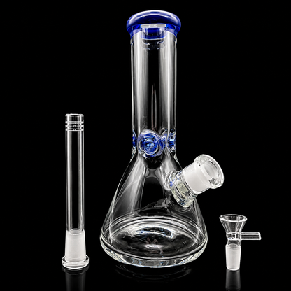 Clear glass bong with blue accents on a black background
