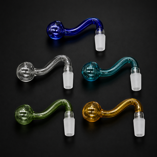 Five glass pipes in blue, clear, green, gold, and red on a black background.