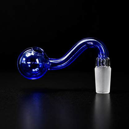 Glass smoking pipe with blue bowl and clear base on a black background