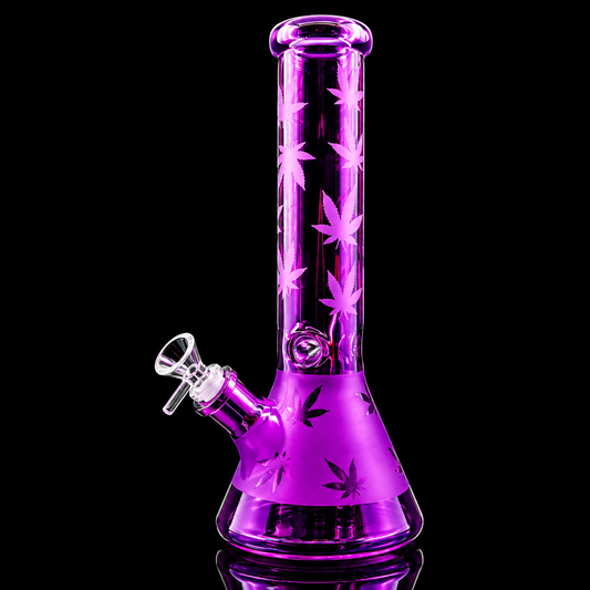 Purple glass water pipe with leaf designs on a black background