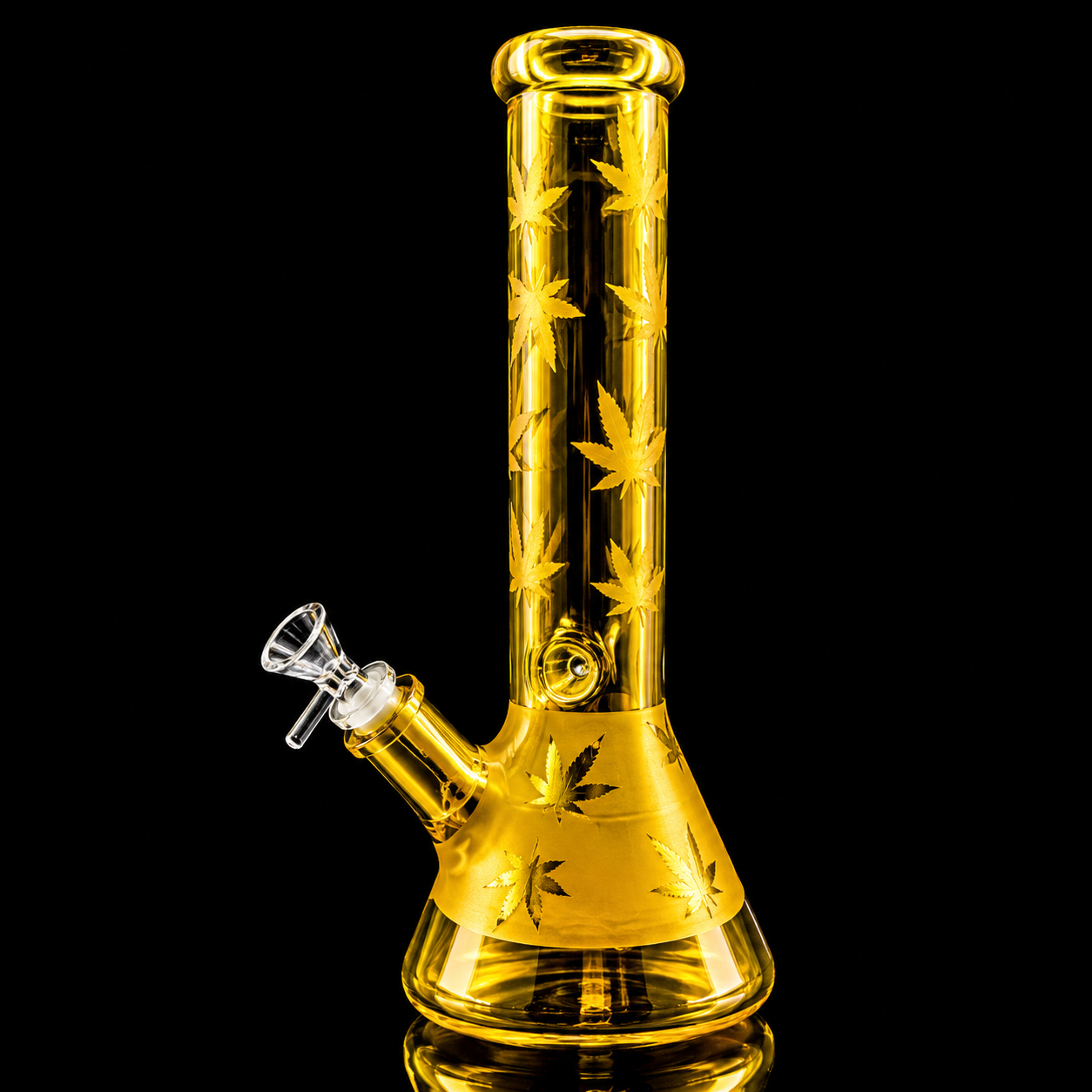 Yellow glass water pipe with leaf patterns on a black background