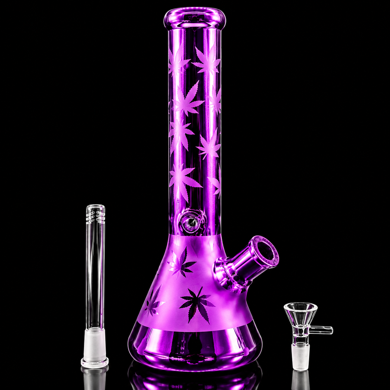 Purple glass bong with cannabis leaf patterns on a black background