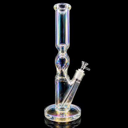 Clear glass water pipe with multiple chambers on a black background