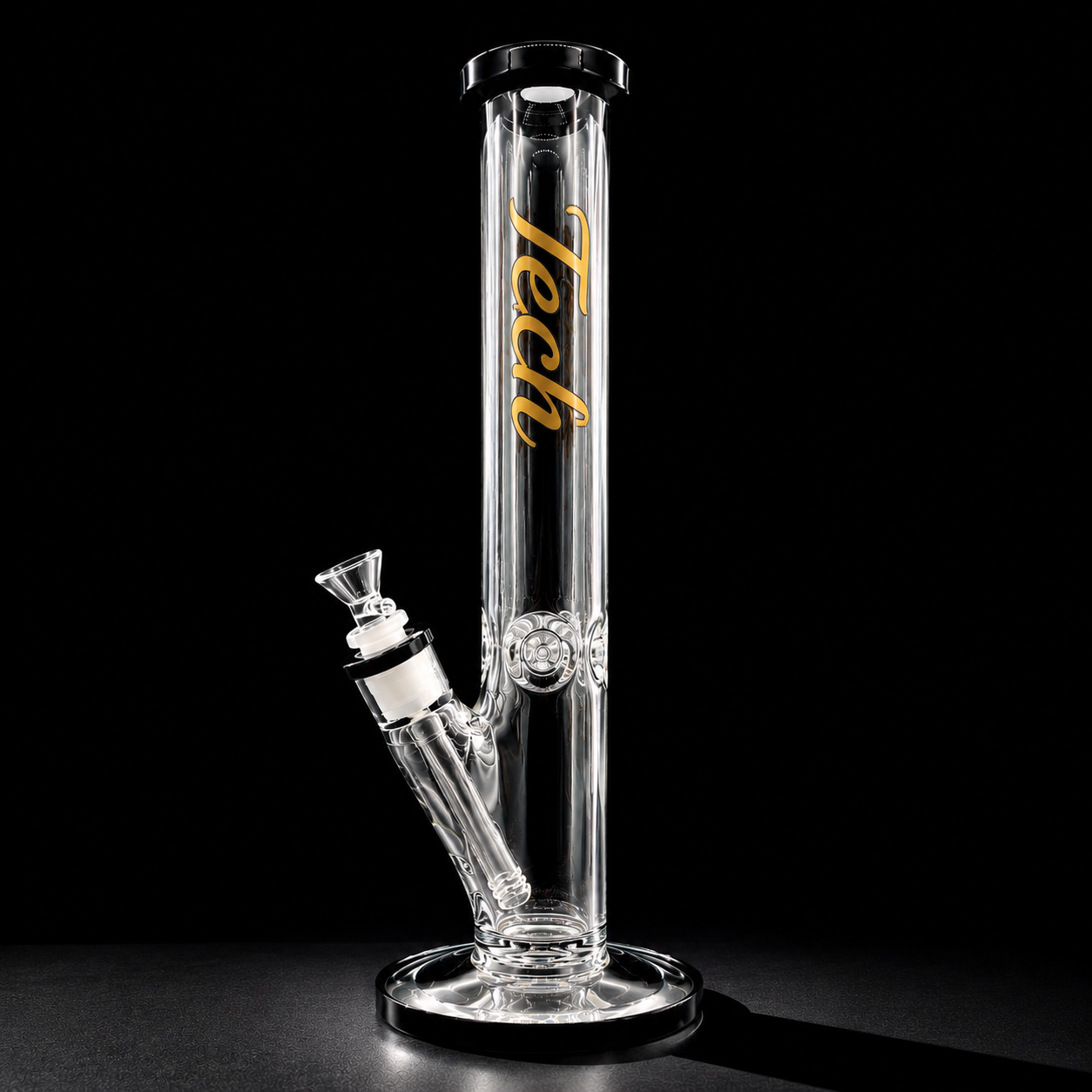 Clear glass water pipe with 'Tech' branding on a black background