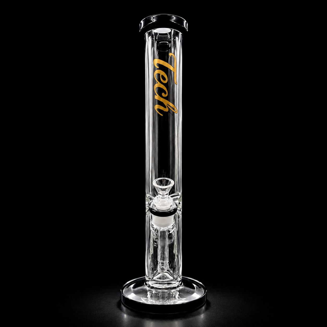 Clear glass smoking device with 'Tech' branding on a black background
