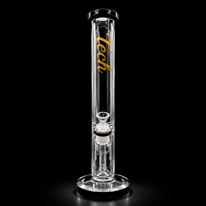 Clear glass smoking device with 'Tech' branding on a black background