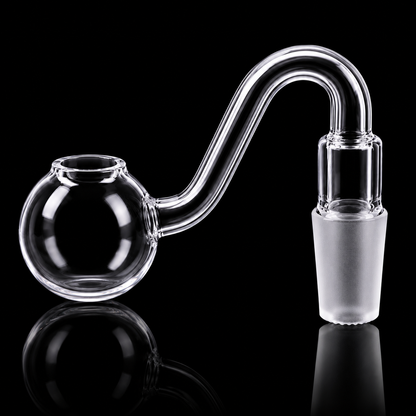 Glass smoking accessory with a bowl and curved neck on a black background