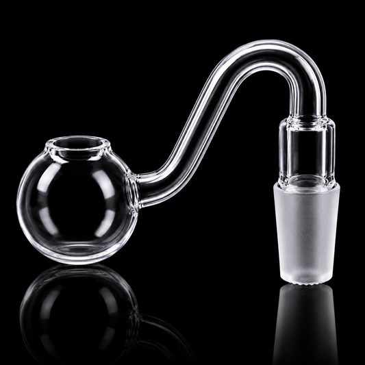 Glass smoking accessory with a bowl and curved neck on a black background