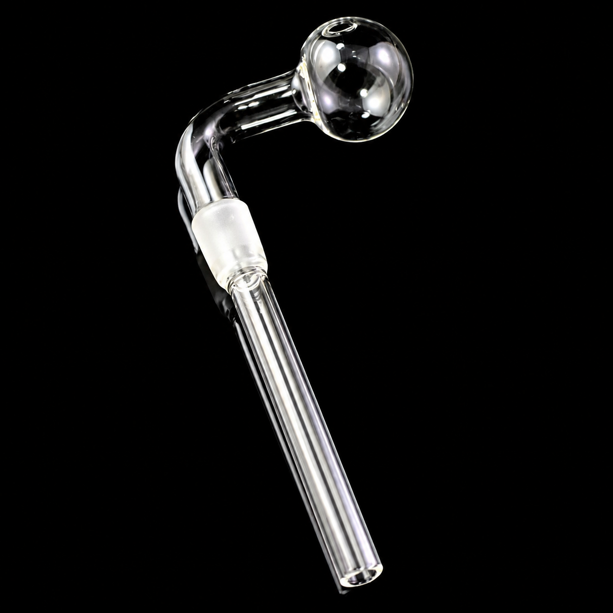 Clear glass water pipe bowl with a curved neck, spherical bubble chamber, and straight downstem, shown on a solid black background.