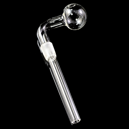 Clear glass water pipe bowl with a curved neck, spherical bubble chamber, and straight downstem, shown on a solid black background.