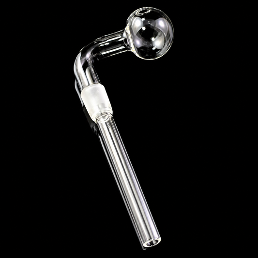 Clear glass water pipe bowl with a curved neck, spherical bubble chamber, and straight downstem, shown on a solid black background.