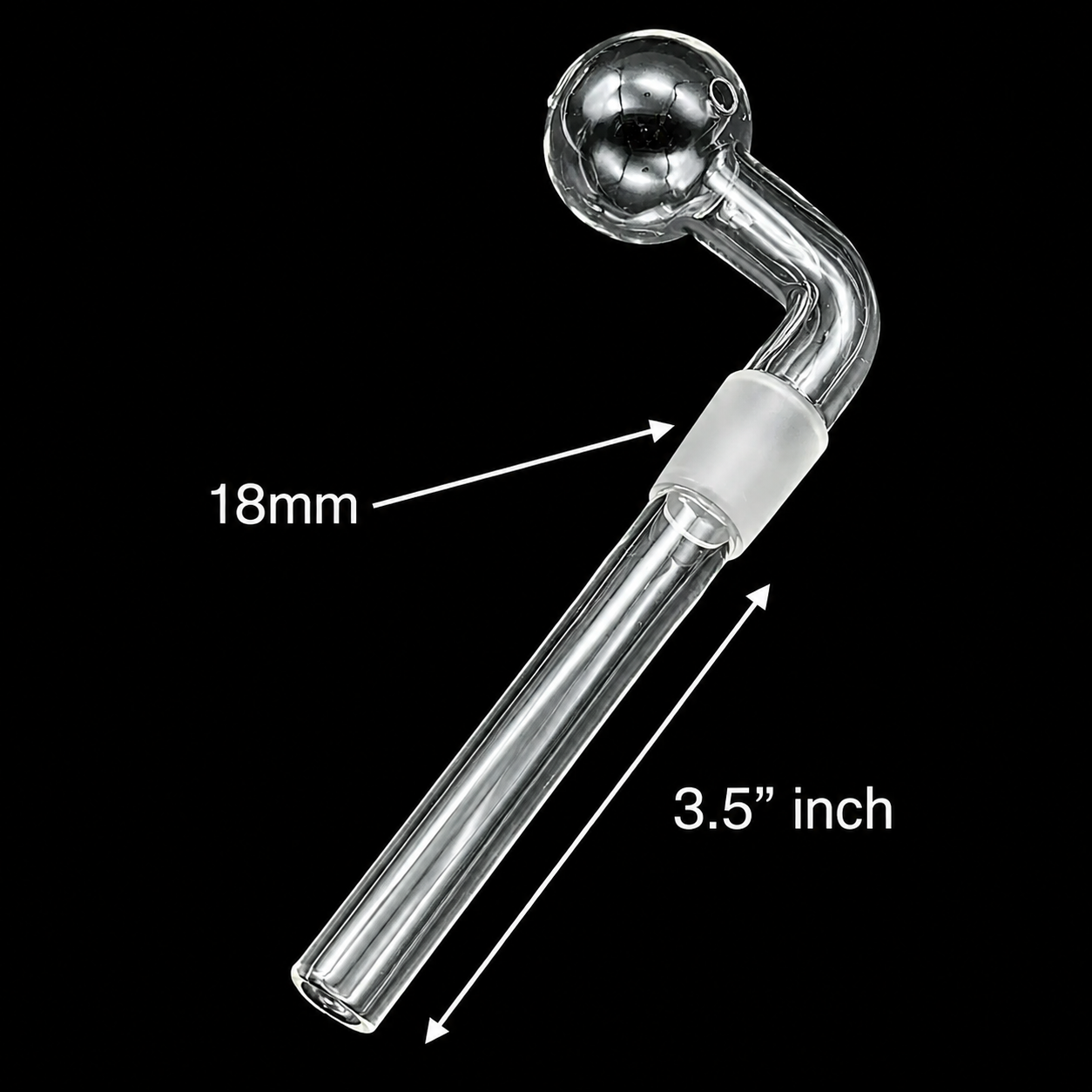 A clear glass banger with a spherical top and angled neck, shown on a black background with white measurement arrows and text indicating 18mm diameter and 3.5 inch length.