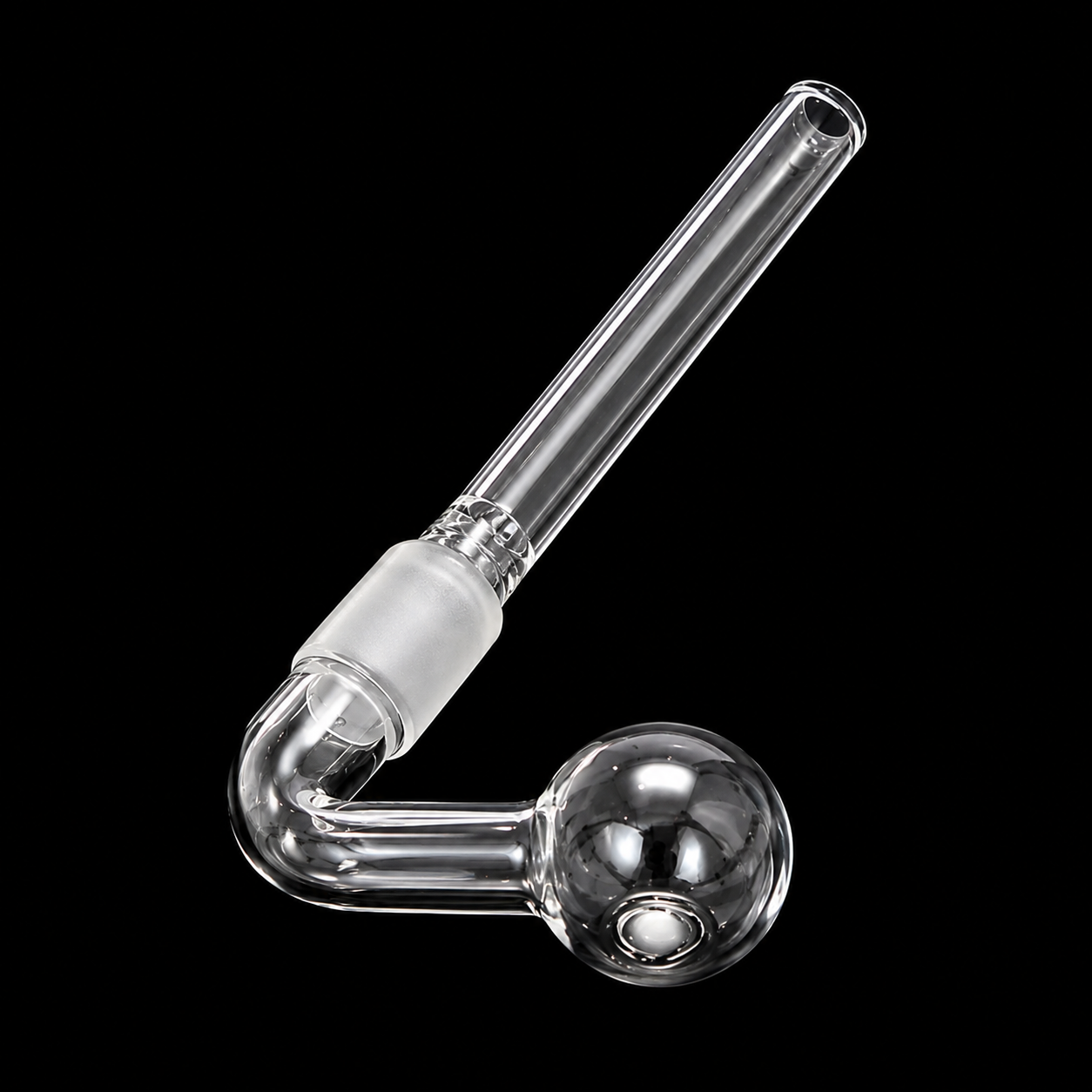 Clear glass water pipe with a straight tube, a curved neck, and a spherical bowl, shown on a solid black background.