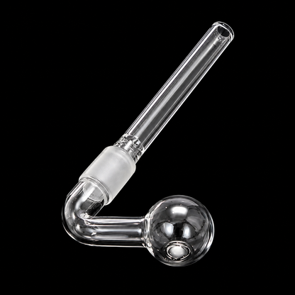 Clear glass water pipe with a straight tube, a curved neck, and a spherical bowl, shown on a solid black background.