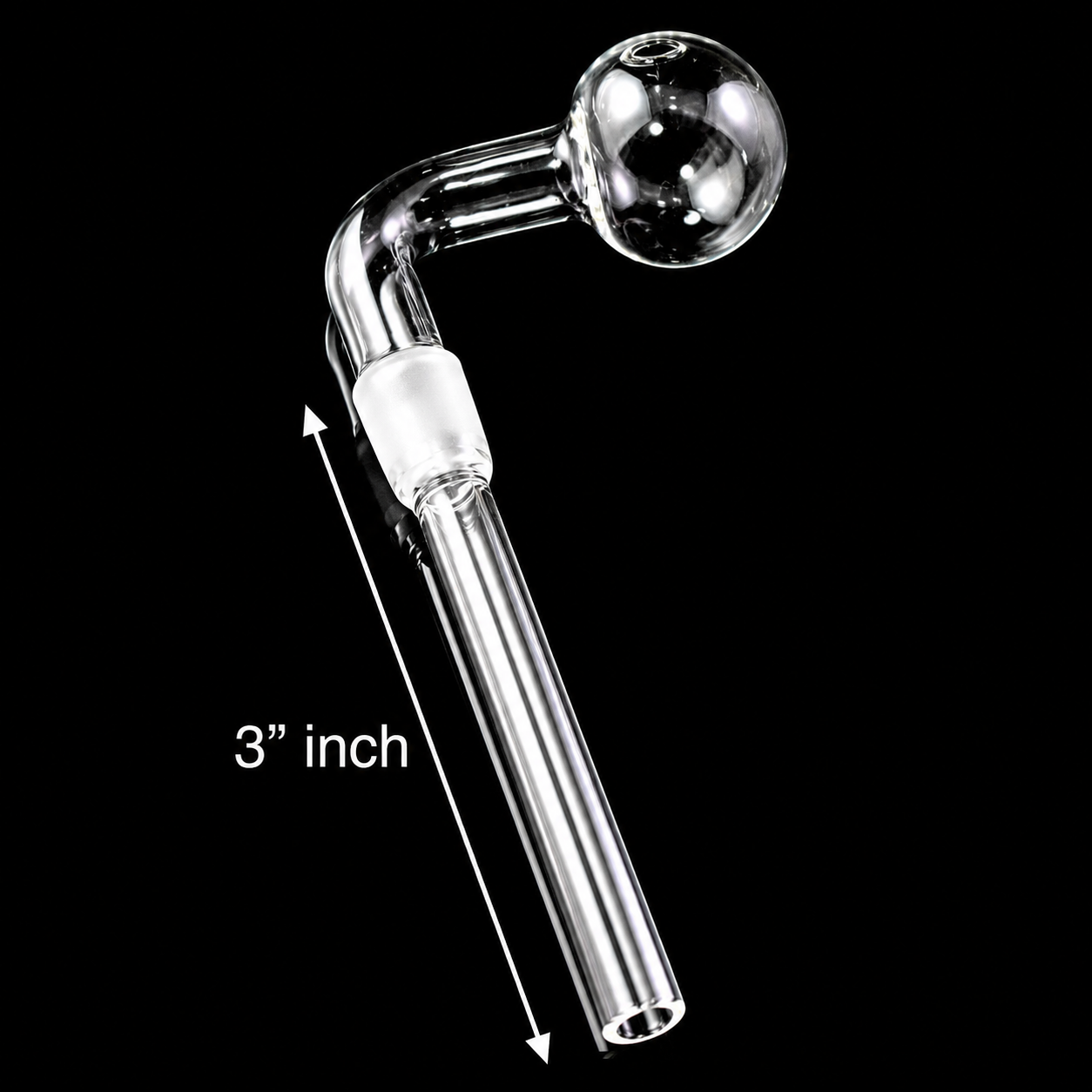 A clear glass L-shaped pipe or banger with a spherical bulb at one end and a long straight tube at the other, shown on a black background with a white '3" inch' dimension marker.