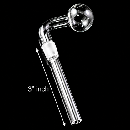A clear glass L-shaped pipe or banger with a spherical bulb at one end and a long straight tube at the other, shown on a black background with a white '3" inch' dimension marker.