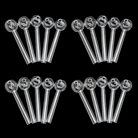 Set of clear glass pipes with metal stems on a black background