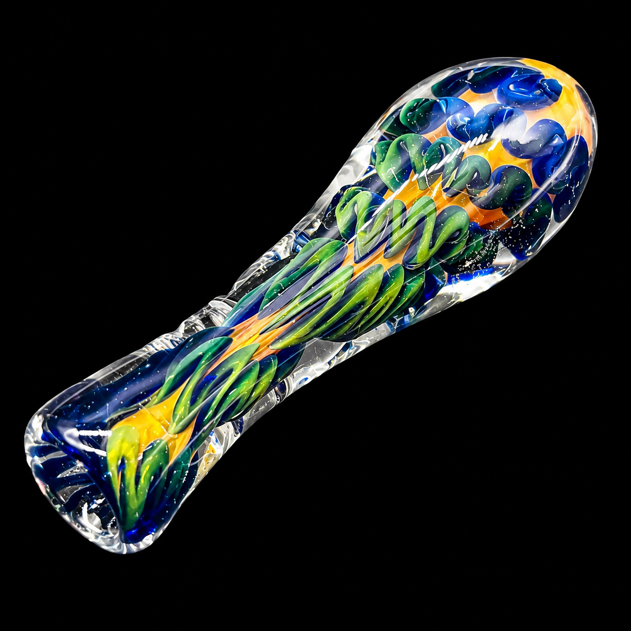 Colorful glass pipe with blue, green, and yellow patterns on a black background
