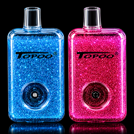 Two glittery bottles, one blue and one pink, with 'Topoo' branding on a black background.