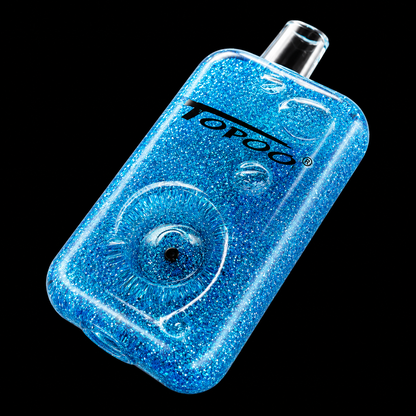 Blue glittery electronic device with 'Topoo' branding on a black background