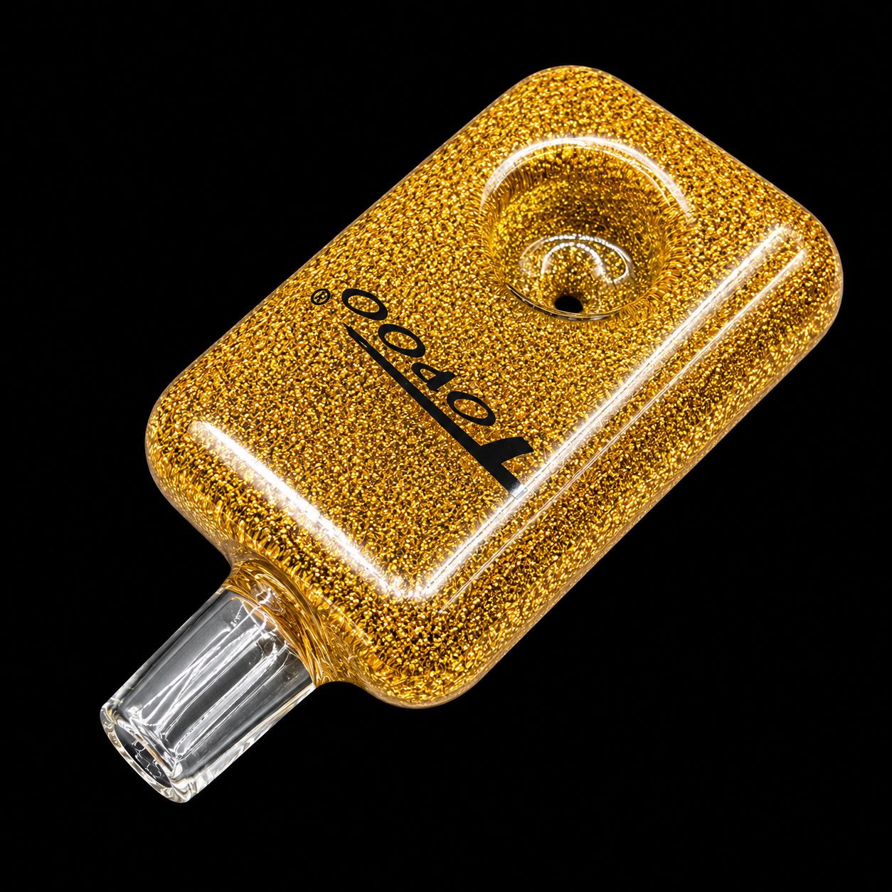 Gold-colored glass smoking accessory with 'Tobeco' branding on a black background