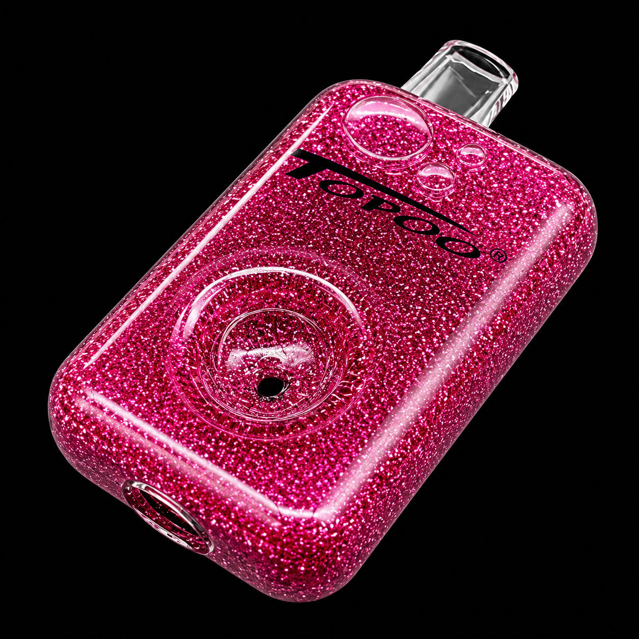 Pink glittery electronic device with 'Teroo' branding on a black background