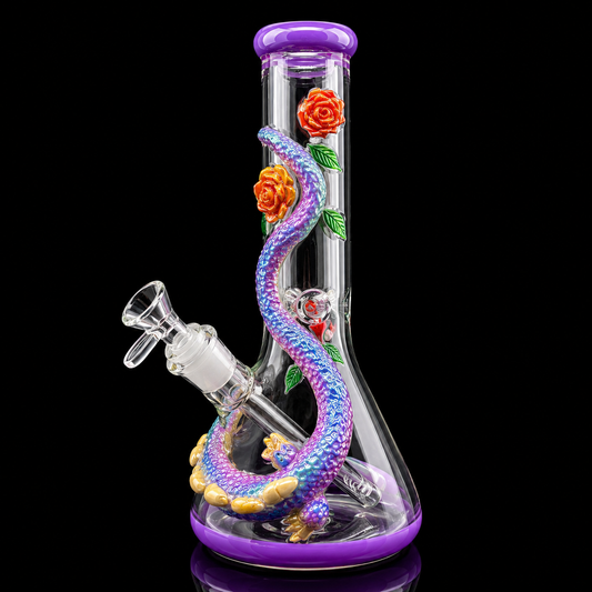 Colorful glass smoking device with floral decorations on a black background